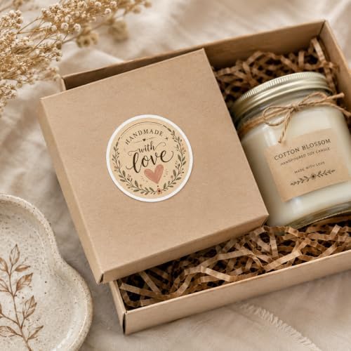 60pcs Handmade with Love Stickers, Kraft Floral Wreath Packaging Labels, Small Business Branding Seal Stickers for Handmade Products, Round 2 Inch Thank You Tags - Image 3