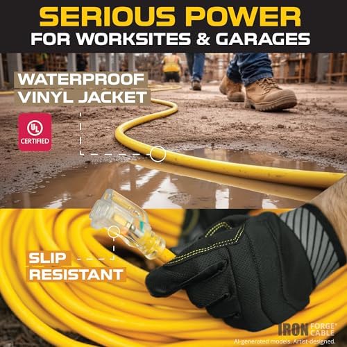 Iron Forge Cable Lighted Outdoor Extension Cord 15 ft 2 Pack - 12 Gauge 15 Amp Heavy Duty Power Extension Cords - SJTW - Great for Major Appliances, Power Tools, Garden Supplies - Yellow - Image 2