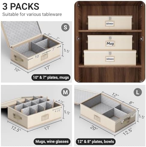 MISSLO Large Capacity China Storage Containers Hard Shell Plate Storage Containers, Kitchen Packing Moving Boxes for Dishes, Dinnerwares, Mugs Protectors, Beige, 3 Piece Set - Image 3