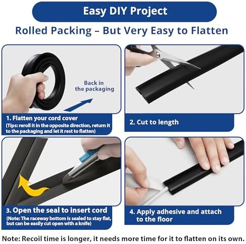ZhiYo Floor Cord Cover 4ft, Cord Hider Floor Black, Cable Management Cover Prevent Cable Trips, Wire Covers for Electric Power Cords, Wire Protector Cavity W0.47 x H0.28 - Image 3