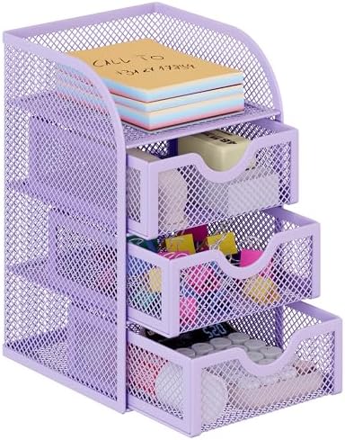 EasyPAG Mesh Desk Organizer with 3 Drawer Office Desktop Organizers and Accessories Stationery Caddy for Office, Home, Students, Purple by EasyPAG
