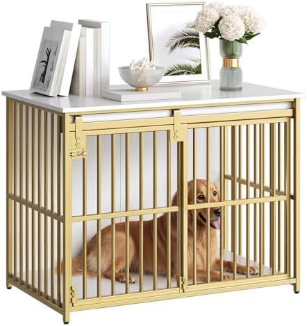 HOOBRO Dog Crate Furniture, 36.6" Heavy Duty Dog Kennel with Sliding Barn Door, Wooden Dog Cage Indoor, Decorative Side End Table for Small/Medium Dogs, White and Gold GD162GW03G1 by HOOBRO