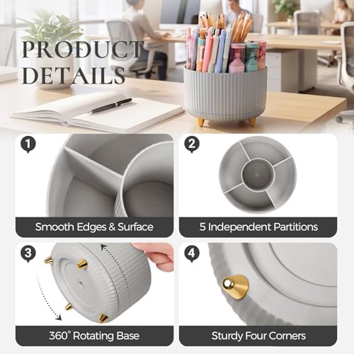 KONVINIT Pencil Pen Holder for Desk, 5 Slots 360-Degree Rotating Desktop Organizer, Cute Desk Organizers and Accessories for School, Home, Office and Art Supply, Grey - Image 4
