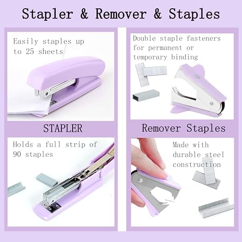 Dimonluce Purple Desk Accessories, Purple Office Supplies Accessories with Tape Dispenser, Stapler, Staple Remover, 1000 Staples, Tape, Clips Set, Ruler, Scissor, Pen - Image 2
