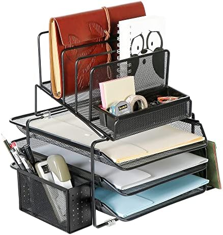 DESIGNA Stackable Mesh Desk Organizer with 3 Sliding Letter Tray Drawers, 4 File Holders Sorter Section, 2 Side Compartments, Pencil Holder Non-slip All In One Desktop Organizers Office Storage, Black by DESIGNA