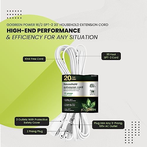 Go Green Power Inc. 20ft Household Extension Cord, White, 3 Outlets, 16/2, Indoor Use Only - Safe, Reliable, and Child-Safe Covers - Ideal for Everyday Electronics - Image 5