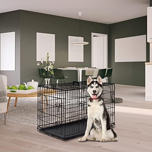 FDW Dog Crate for Large Dogs 42 Inch Folding Metal WirePet Cage Double Door W/Divider Panel Indoor Outdoor Kennel Leak-Proof Plastic Tray,Black - Image 2
