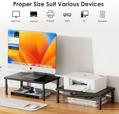 ECOLOVI Adjustable Wood Computer Monitor Stand Riser, Office Desk Organizer and Accessories for Monitor, Laptop, PC, Printer, Office Desk Accessories Workspace Organizer for Home Office Supplies, Black - Image 7