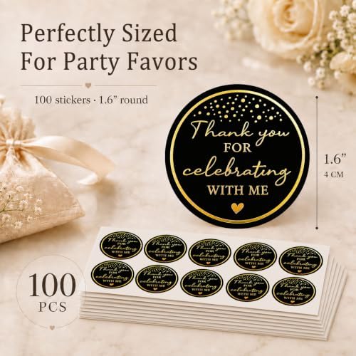 100PCS Thank You for Celebrating with Me Stickers, Black Gold Wedding Favor Labels for Bridal Shower, Baby Shower, Engagement Party, Gift Bags & Invitations 1.6 Inch (Black Gold, with Me) - Image 2
