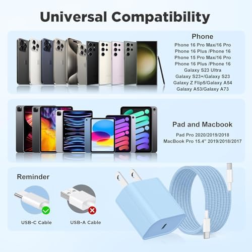 20W USB C Fast Charging for iPhone 17 Air/16/15 Pro Max,2Pack Colorful Mixed Charger Block with Braided Long USB C to C Cables (6/6ft) Compatible with iPhone16/15 Pro/15 Plus/iPad Pro - Image 7
