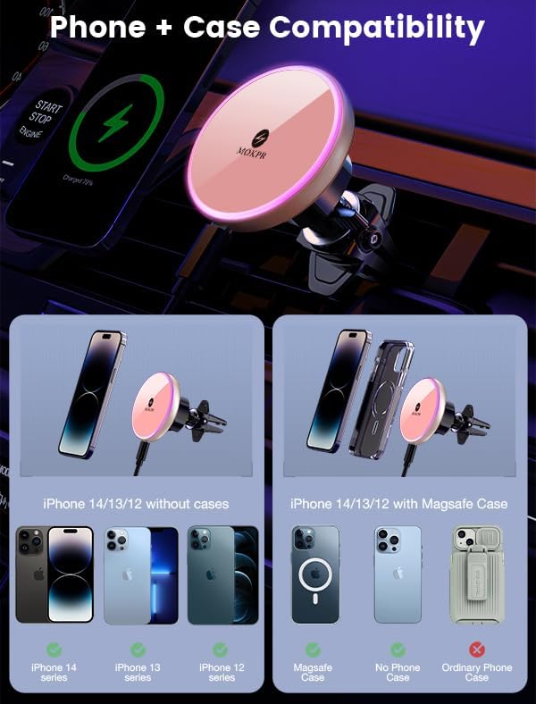 for Magsafe Car Mount Charger 15W LED RGB Car Phone Holder for Dash Vent - Image 3