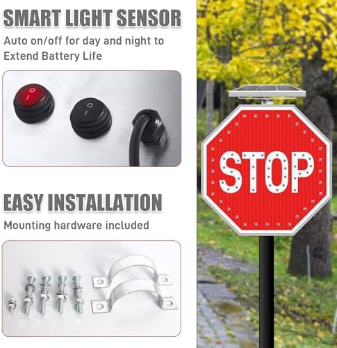 24" Solar Stop Sign with LED Flashing Lights, Traffic Street Road Stop Warning Sign Solar Powered with Aluminum Frame and Engineered Reflective film, High Visibility & IP65 Wateproof for Outdoor - Image 4