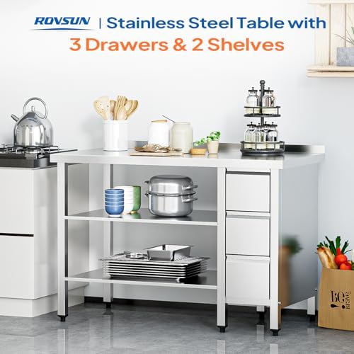 ROVSUN 48 x 24 Inches Stainless Steel Table with 3 Drawers, Heavy Duty Metal Prep & Work Table with Undershelf for Commercial Kitchen, Restaurant, Home, Hotel and Garage - Image 4