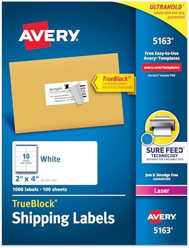 Avery® Printable Shipping Labels, Sure Feed® Technology, 2" x 4" Customizable Stickers, White, 1,000 Blank Mailing Labels, Great for Mailing, Shipping, and More (5163) by Avery