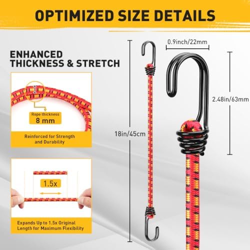18" Elastic Bungee Cords with Hooks: 10 Pcs Bungee Cords Heavy Duty Outdoor, Bungie Cord Bundle Assortment with Metal Hook, Bungee Straps for Kayaking, Camping, Garage Storage - Image 2