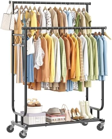 Ekisemio Heavy Duty Clothes Rack, Rolling Clothing Rack With Shelves Load 450 LBS, Double Rod Clothing Racks with Wheels for Hanging Clothes, Black by Ekisemio