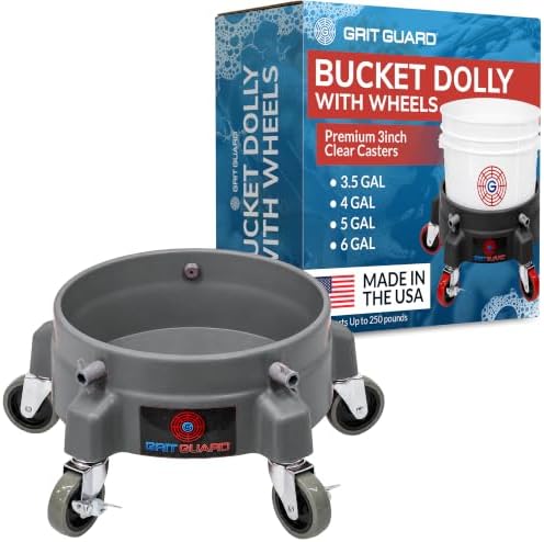 Grit Guard Bucket Dolly with Wheels - Rolling Detailing Wash Bucket with 5 Wheels and 2 Locking Casters Compatible with 2.5, 4, 5 and 6 Gallon Buckets (Silver, 3" Grey Casters) - Made in the USA by GritGuardInc