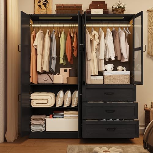 75" Tall Farmhouse 4 Doors Armoire Wardrobe Closet with 3 Drawers and LED,Freestanding Closet Wardrobe Cabinet for Bedroom with Hanging Rod,Wooden Armoire Storage Cabinet with Adjustable shelve(Black) - Image 4
