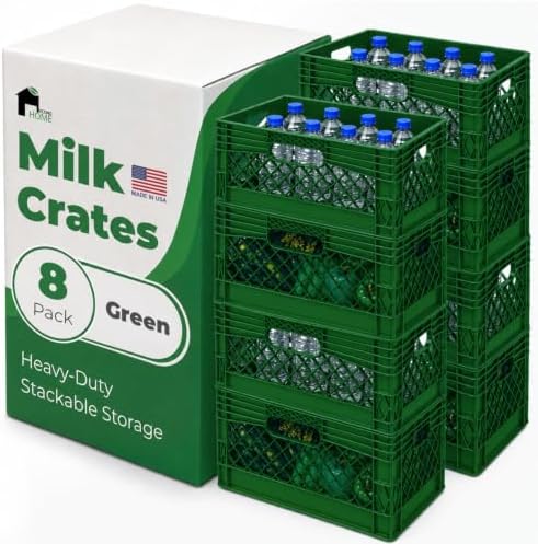 EconoHome Milk Crate - Stackable Storage Crate with Built-In Handles - Heavy Duty Plastic Material - Ventilated Organizer Bin for Garage, Pantry, Classroom, Office & Moving - Green, 19x13x11, 8-Pack by EconoHome