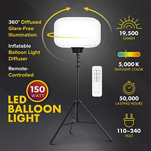 SeeDevil 150 Watt LED Balloon Light Kit, 150 Watt, 120 Volt, 19,500 Lumen, 5000K, 6.5 Ft Tripod, Glare Free Indoor/Outdoor Area Light, Remote Dimmable Portable LED Light - Image 2