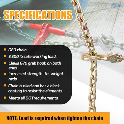 1/4" Tow Chain | WLL 3,300 Lbs | 16FT High Strength Chain G80 Heavy Duty Log Chain with Clevis Grab Hooks for Towing | Trailer Transport Safety Chain for Truck Tie Down Binding Equipment - Image 2