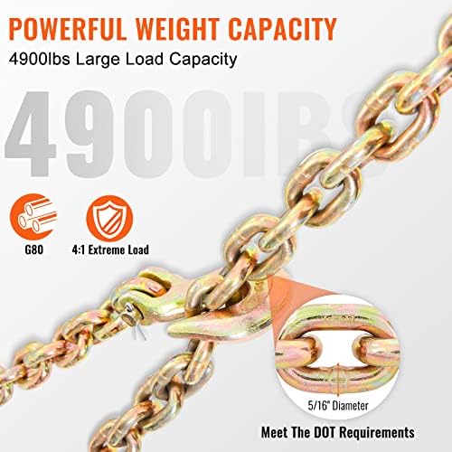 VEVOR Transport Binder Chain, 5/16''x20' Tow Chain with Grab Hooks, 4900lbs Safe Working Load, G80 Heavy Duty Chain, Logging Chain for Transporting Towing, Tie Down Binding Equipment - Image 3