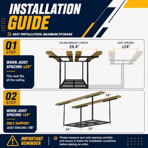 Soywey 3 x 6FT Overhead Garage Storage Rack,Adjustable Ceiling Storage Racks,Garage Shelving Heavy Duty Storage Organizer System,Load 500LBS Weight(Black) - Image 4