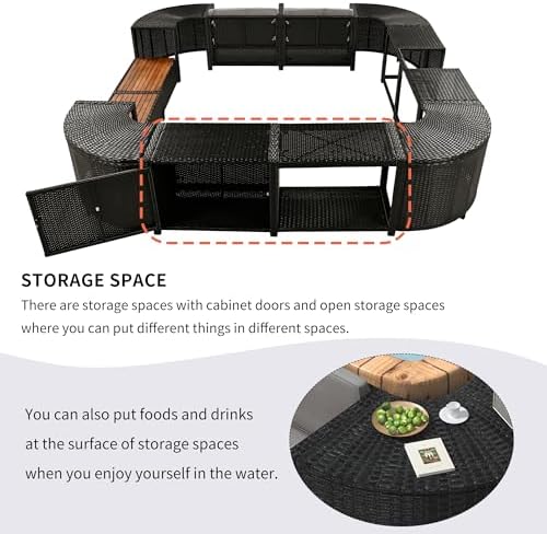 Outdoor Spa Surround Sofa Set Rattan Sectional Hot Tub Frame with Cushioned & Wooden Seats, Storage Cabinets & Table Surfaces for 74" Portable Spa, All-Weather Quadrilateral Hot Tub Surround, Grey - Image 3
