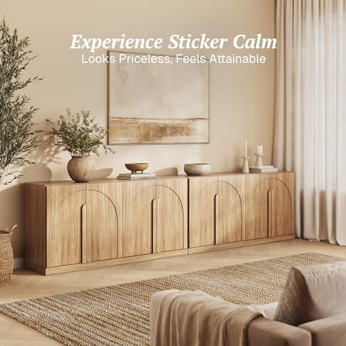 BELLEZE Set of 2 Bijou 64" Modern Buffet Sideboard, Mid-Century Arch Carved Wood Door Cabinet, Textured Storage Console for Living Room, Kitchen, Entryway - Camel - Image 4
