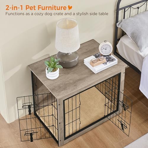 Yaheetech 32in Wooden Dog Crate Furniture w/Cushion for Medium Dogs, Gray - Image 2