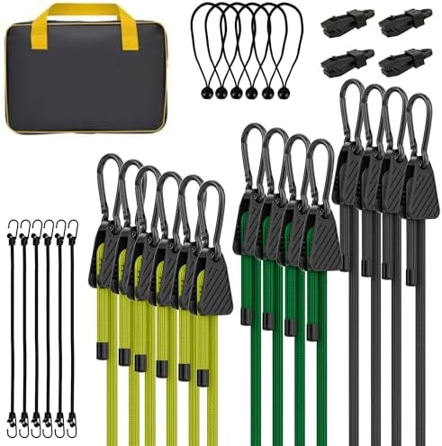 Bungee Cords with Hooks, Upgrade 30pcs Assortment Heavy Duty Outdoor with 24'' 32'' 48'' Adjustable Bungee Cords, 10'' J Hooks Cord, 6" Canopy Tarp Ball Ties and Tarp Clips Drawstring Organizer Bag by Rugtol
