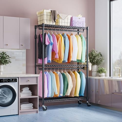IZEUK Heavy Duty Rolling Garment Rack Wire Clothes Rack for Hanging Clothes (Black, 3 Tier with 2 Rod, 15.7" D x 45.3" W x 79.6" H) - Image 4