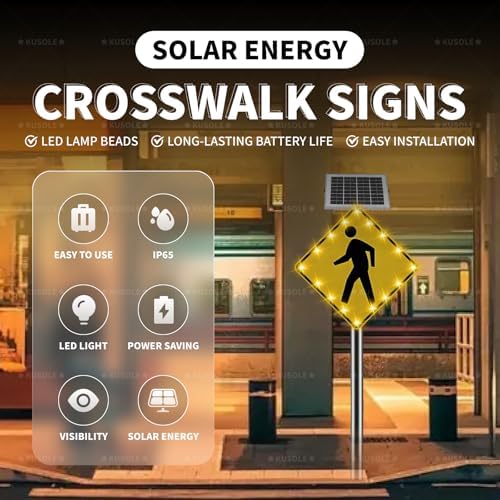 24x24in Solar Pedestrian Crossing Sign Flashing LED Highlight Road Traffic Blinking Street Warning Sign, Aluminum IP65 Weatherproof Crosswalk Signs for Park School Urban 30inches - Image 2