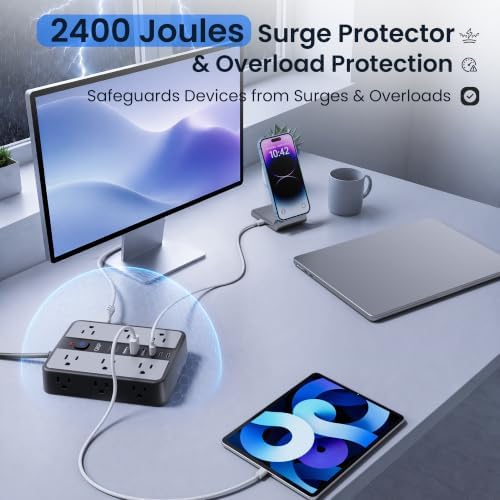 12-Outlet Power Strip with 2400J Surge Protector, 6 USB(3 USB C) &20FT Cord - Image 3