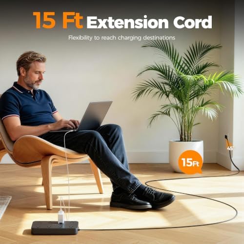 TESSAN Power Strip Surge Protector, 15FT Flat Plug Extension Cord - Image 6