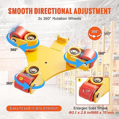 VEVOR Machinery Skate Dolly, 6614 LBS/3T Industrial Machinery Mover with Handle, Carbon Steel Machinery Moving Skate with 3 360° Swivel PU Wheels, 360° Rotation Non-Slip Cap for Warehouse, Workshop - Image 4