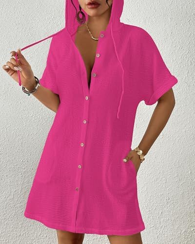 Bsubseach Womens Swimsuit Cover Up Shirt Hooded Beach Dress with Pockets - Image 2