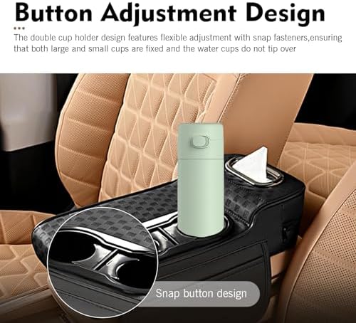 Car Center Console Leather Armrest Increase Cushion, MultiFunctional Armrest Box Pad with Dual Cup Holder, Tissue Box, Side Card Holder, Universal for Most Cars, SUVs, Trucks (Black) - Image 6