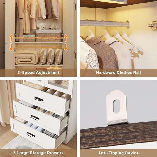 75" Tall Farmhouse 8 Doors Armoire Wardrobe Closet with 6 Drawers and LED,Freestanding Closet Wardrobe Cabinet for Bedroom with Hanging Rod,Wooden Armoire Storage Cabinet(Rustic Off White 8 Doors) - Image 6
