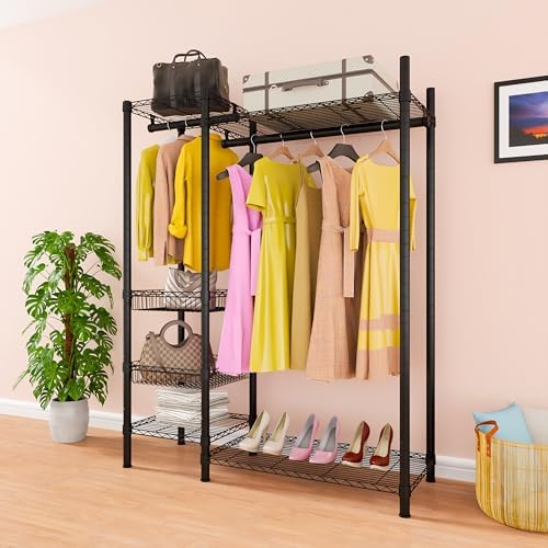 Xiofio 6 Tiers Heavy Duty Clothes Rack,Metal Clothing Rack, Adjustable Clothing Rack with Hanging Rod and Wire Fixing Baskets,Max Load 600LBS,Black - Image 4