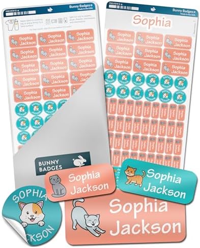Bunny Badges Personalized Name Labels for Kids (70 Labels) - Custom Waterproof Name Stickers for Daycare, Clothing Tags, Water Bottles, Lunch Boxes and School Supplies (Cats) by BunnyBadges