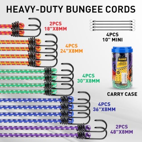 Bungee Cords Heavy Duty Outdoor: 20 Pcs Premium Rubber Bungee Cords with Hooks in a Storage Jar Includes 10", 18", 24", 30", 36", 48" Bungee Cord for Camping, Tent, Fastening Items - Image 2