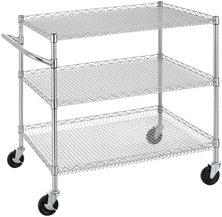 Finnhomy 3 Tier Heavy Duty Commercial Grade Utility Cart, Wire Rolling Cart with Handle Bar, Steel Service Cart with Wheels, Kitchen Carts on Wheels, Metal Cart Shelf Size 24" D x 36" W, NSF, Chrome by Finnhomy