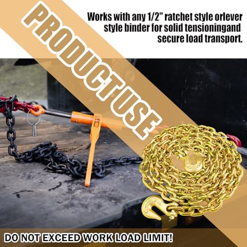 G80 Transport Binder Chain 1/2 Inch x 10 Foot | Tow Chain with Clevis Grab Hooks | 12,000 lbs Safe Working Load | Heavy Duty Chain for Transporting Towing - Image 2