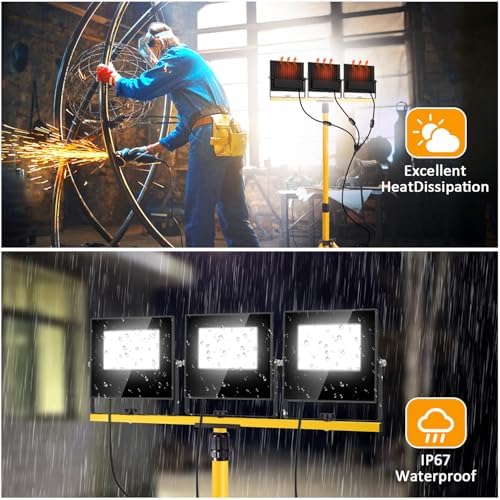 36000Lumen LED Work Lights with Stand - 3 Head Foldable Work Light on Stand with 16FT Cord - IP67 Waterproof Tripod Lights for Outdoor Indoor Job Site Workshop Garage Construction Tripod Lighting - Image 4