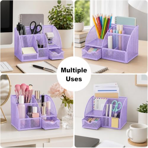 Exerz Metal Mesh Desk Organizer 7 Compartments with Drawer Light Purple - Image 4