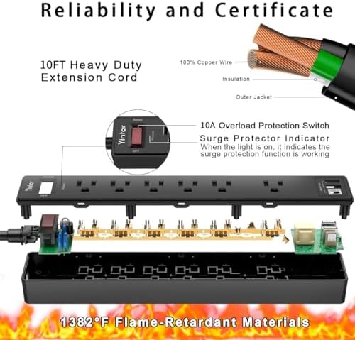 Yintar 10Ft Surge Protector Power Strip with 6 Outlets & 3 USB Ports, Black - Image 6