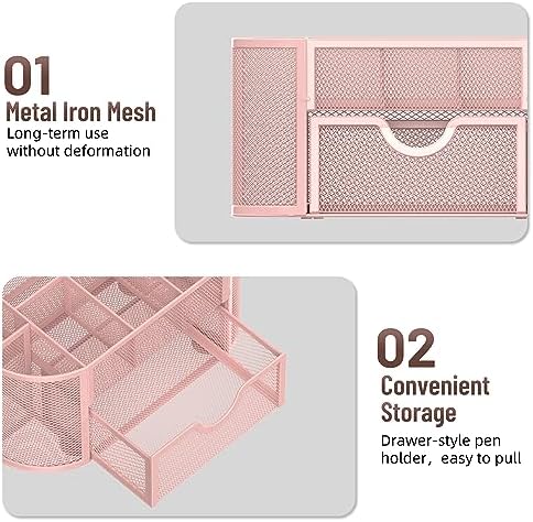 Mesh Desk Organizer with Drawer, 9-Compartment Pen Holder for Desk, Pink - Image 5