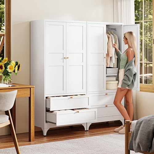 Letaya Metal Armoire Wardrobe Closet with Drawers,Clothing Storage Cabinet with Doors and Shelves,Coat Closet with Hanging Rod,Bedroom,Home,Cloak Room,White-71 H x 32" W x 18" D - Image 2