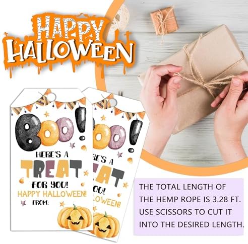 Halloween Paper Gift Tags with String-50Pcs, Here is A Treat for You Happy Halloween Tags for Goodie Bags, 2 x 3.5 Inch Writable Waterproof Hanging Labels for Decor Party Supplies, Gift Wrapping-B04 - Image 3